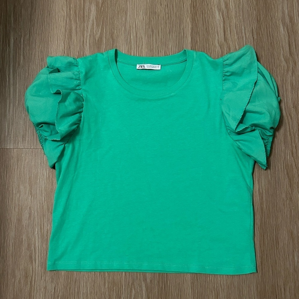 Zara Emerald Green Ruffle Sleeve Tee